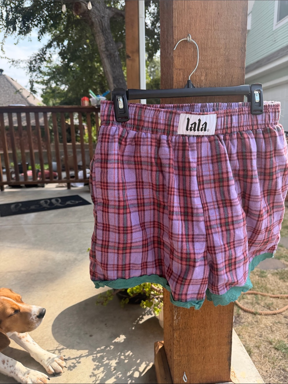 Dressed in LALA Pink Plaid Cotton Lounge Shorts with Teal Trim